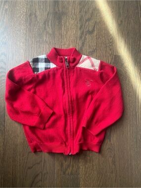 Burberry Kids Red Zip Front Sweater with Signature Check Panels